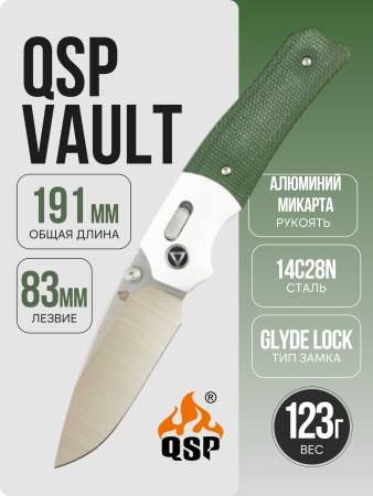 Нож QSP Vault, Stonewash-Satin 14C28N, Silver Bolster/Micarta Green, QS157-B1